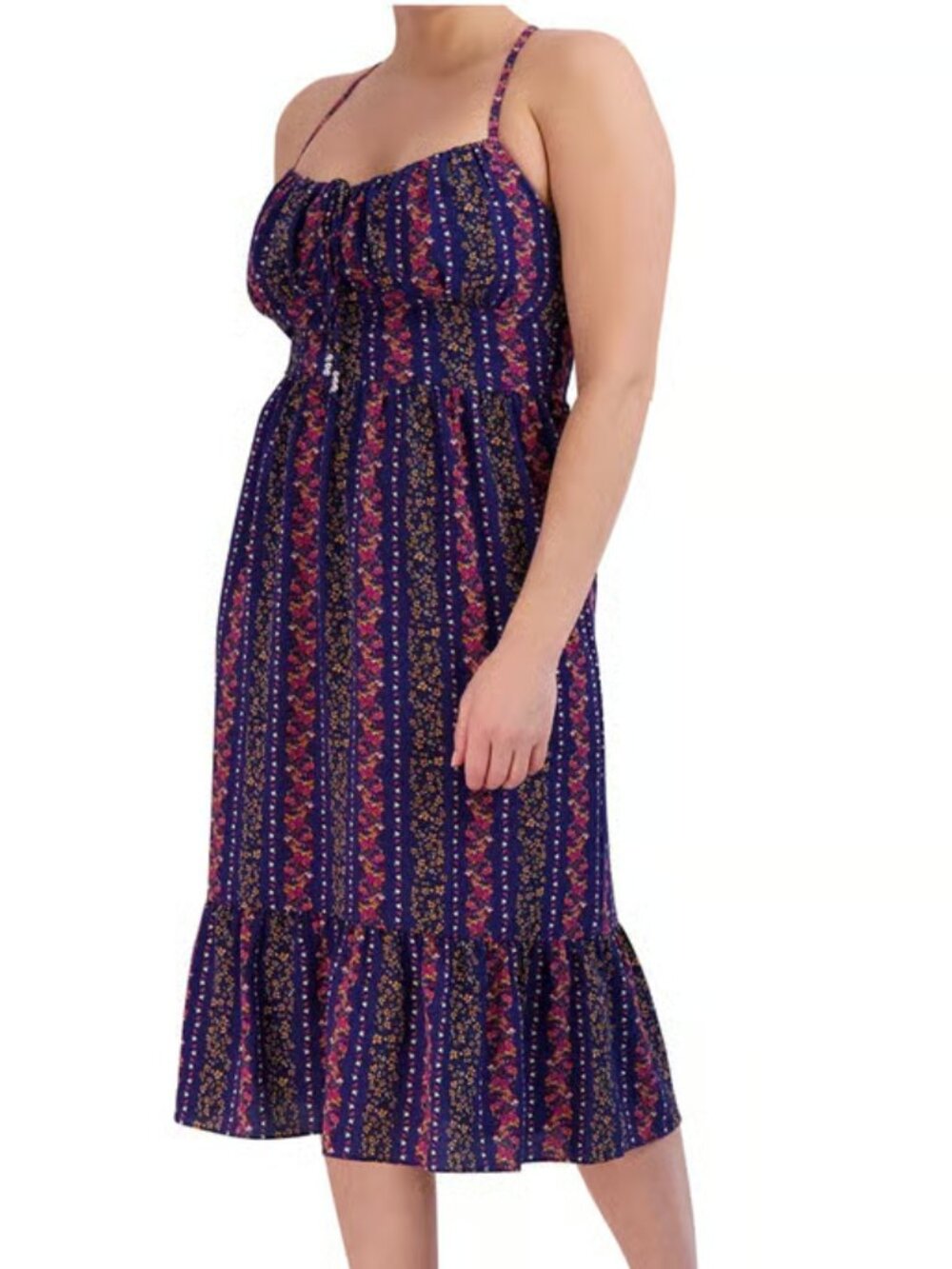 BCBG Women Sleeveless Ruffle Midi Floral Summer Dress Blue size XL NWT